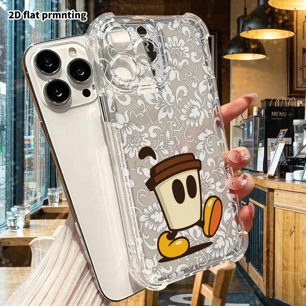 Phone Case: 2D Flat Suitable for iPhone 18 17 16 15 14 13 Pro, Transparent Corners Protective Case, Coffee Cup Cartoon, Christmas and Halloween Gifts