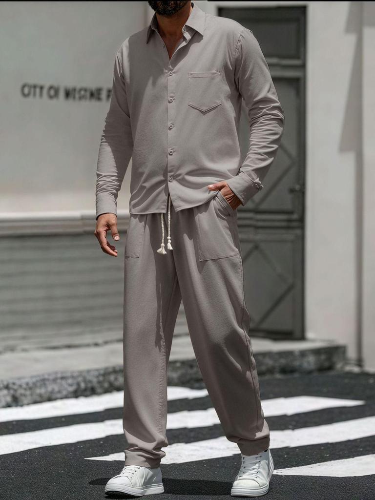 Men's Cotton Linen Two-Piece Set: Casual Loose Long Sleeve Shirt & Pants for Spring and Autumn