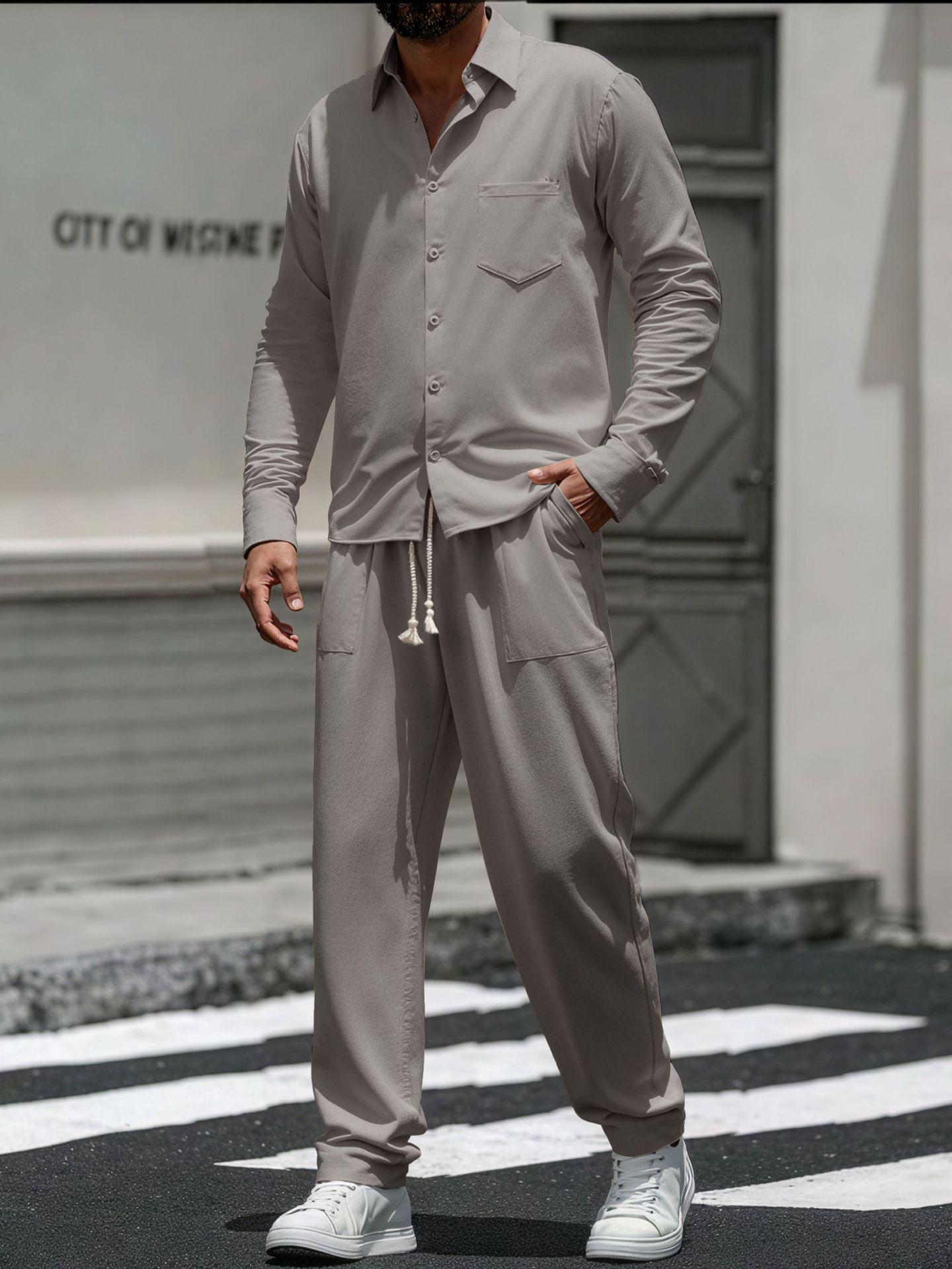 

Men s Cotton Linen Two-Piece Set: Casual Loose Long Sleeve Shirt & Pants for Spring and Autumn 2XL