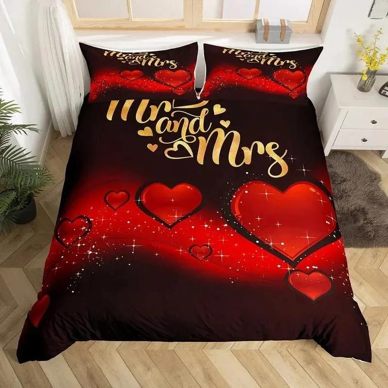 Mr Mrs Bedding Set Microfiber Romantic Wedding Theme Duvet Cover Set King For Valentine Day Funny Quotes Love Heart Quilt Cover