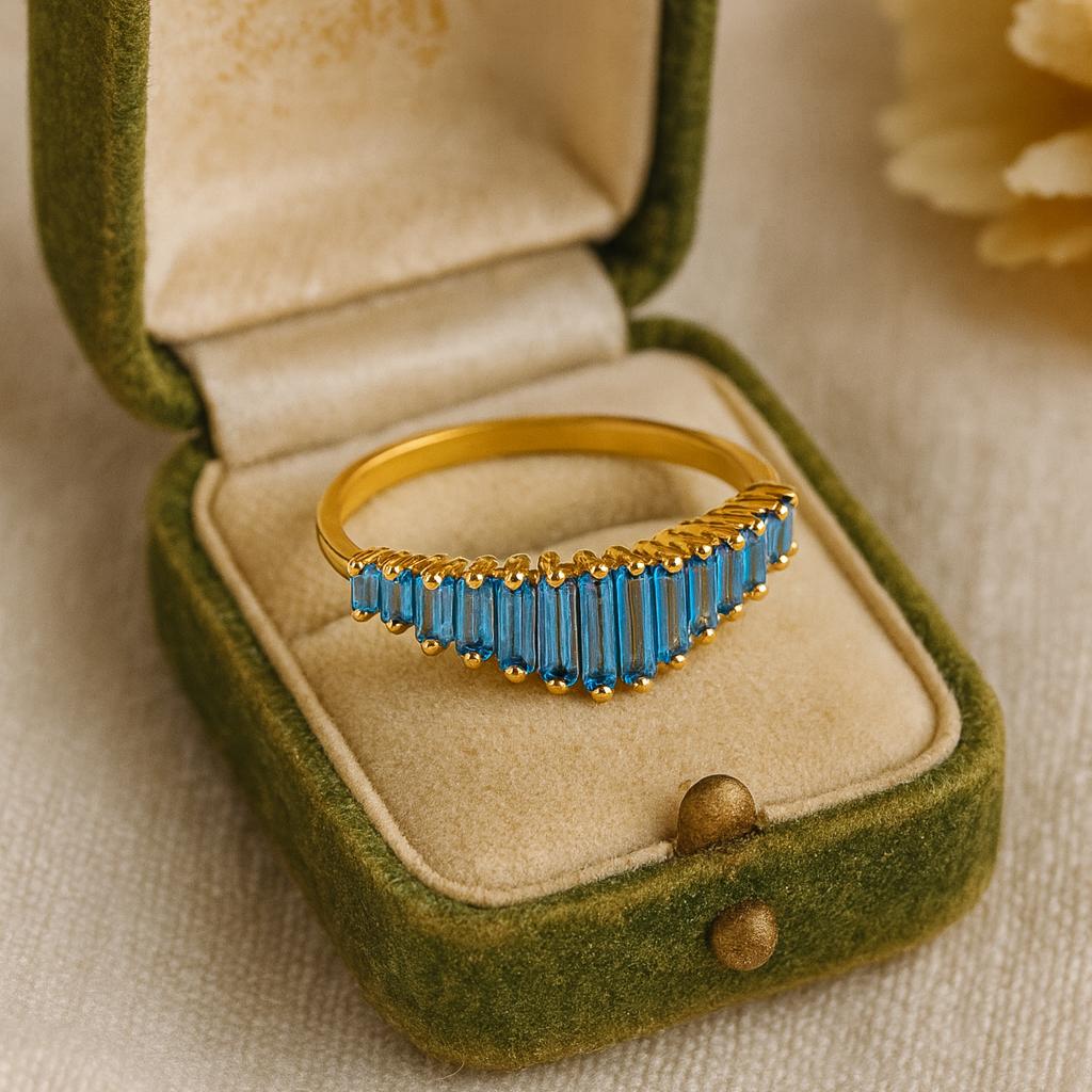 Wedding Engagement Anniversary Promise Gift – Vintage Teal Sapphire Baguette Engagement Ring, Yellow Gold Plated Art Deco Cluster Jewelry