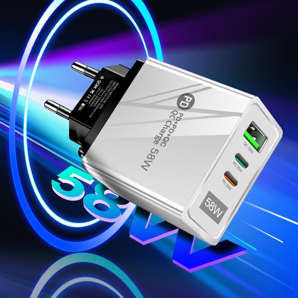 58W Dual Fast Charger with 2PD+QC3.0, Compatible with EU/US/UK Plugs.