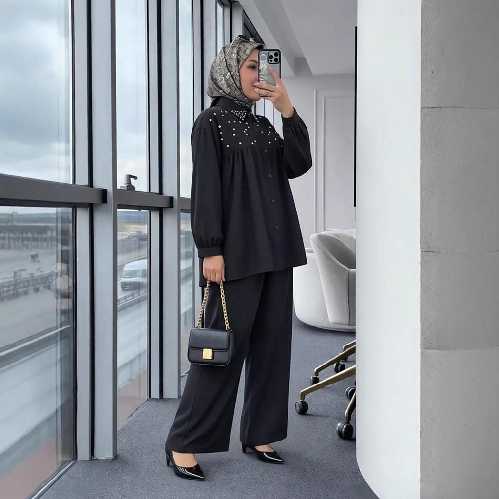 New Arrival: Beaded Long Sleeve Top & Wide Leg Pants Set - Muslim Women's Fashionable Casual Wear