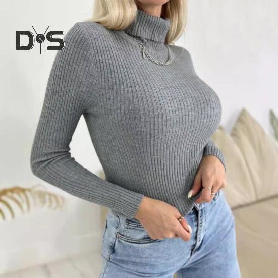 Women High Collar Bottoming Sweater Elastic Breathable Fabric Solid Color Knit Pullover Lazy Style Long Sleeve Slim Fit Sweater