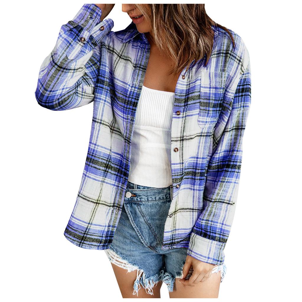 Women Loose Top Plaid Color Block Long Sleeve Casual Ladies  Blouse Coat Shirt Jacket