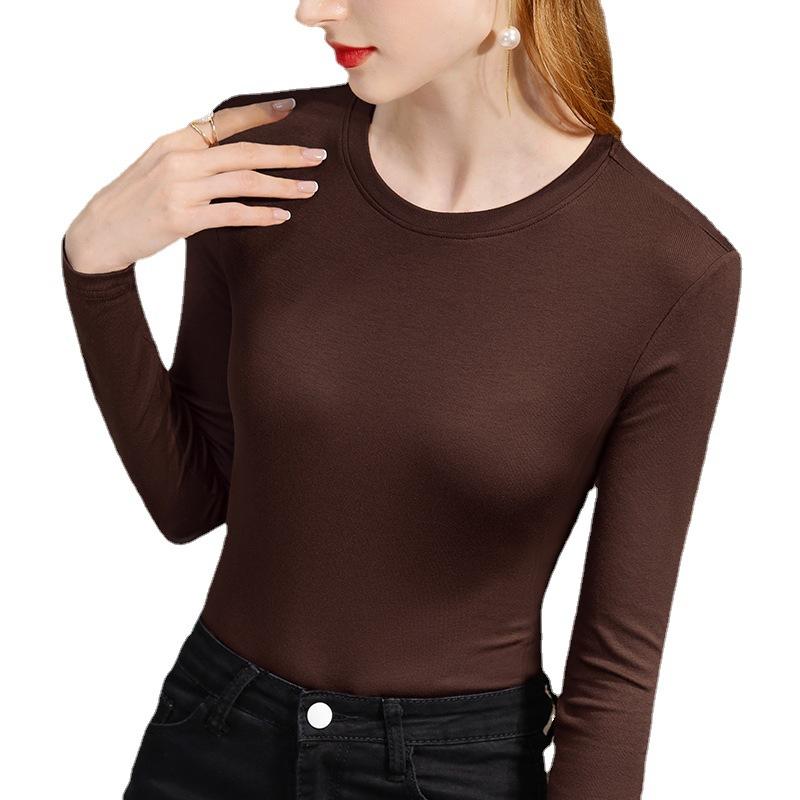 Bottom Shirt Women's Autumnal Clothing New Solid Color Round Neck Long-sleeved T-shirt Elastic Inner Waist Top
