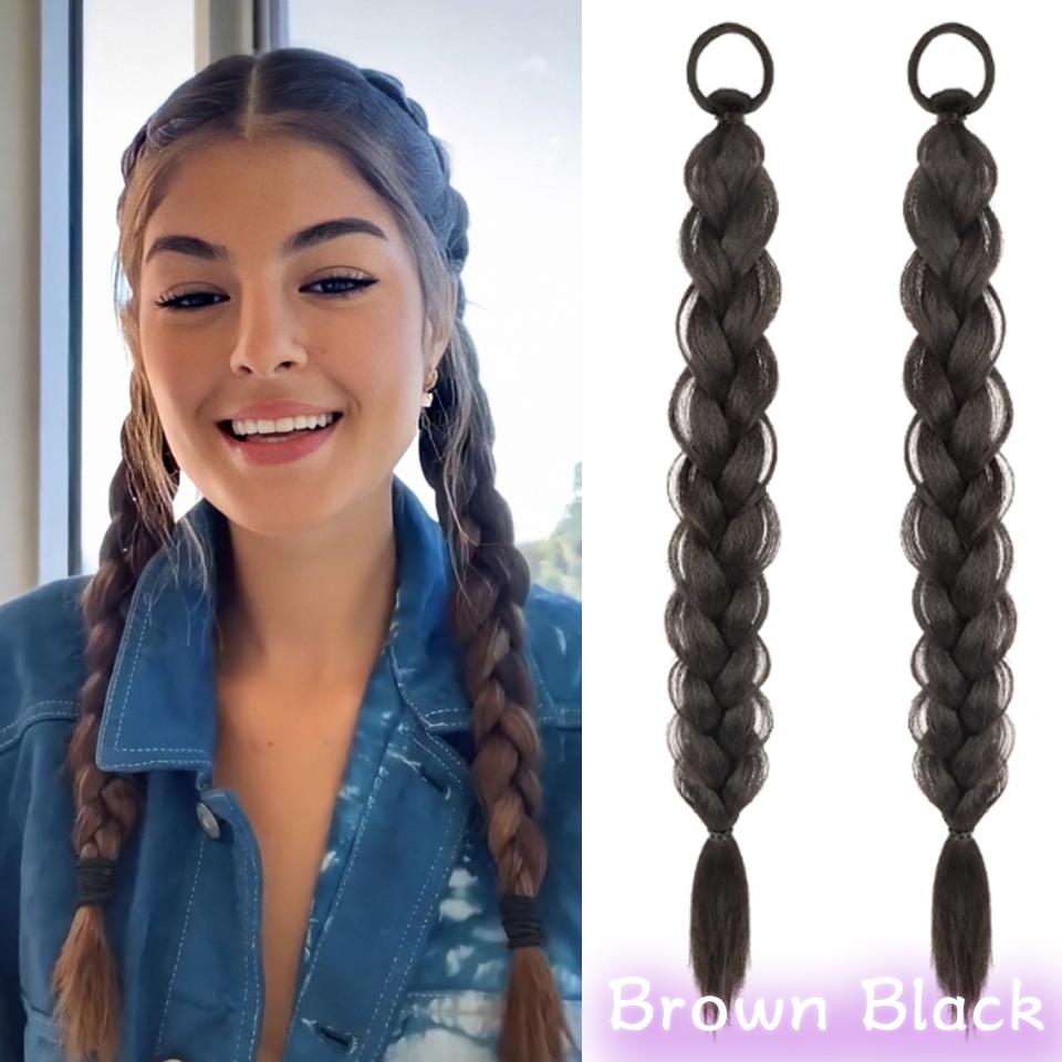 2pc Synthetic Long Twist Braid Ponytail Extensions With Rubber Band 24 Inch Boxing Braided Hair Extensions For Women Daily Use