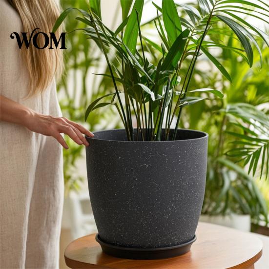 Durable Resin Planters for Garden Modern Plant Pot with Saucer, Gray Flower Indoor Plants Drainage Holes, Stone-Look Planter Outdoor Decorative