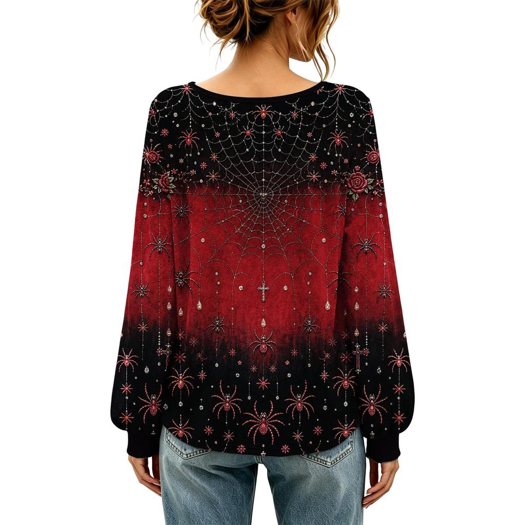 Women's Round Neck Long Sleeve Halloween Print Blouse Top for Party Wear