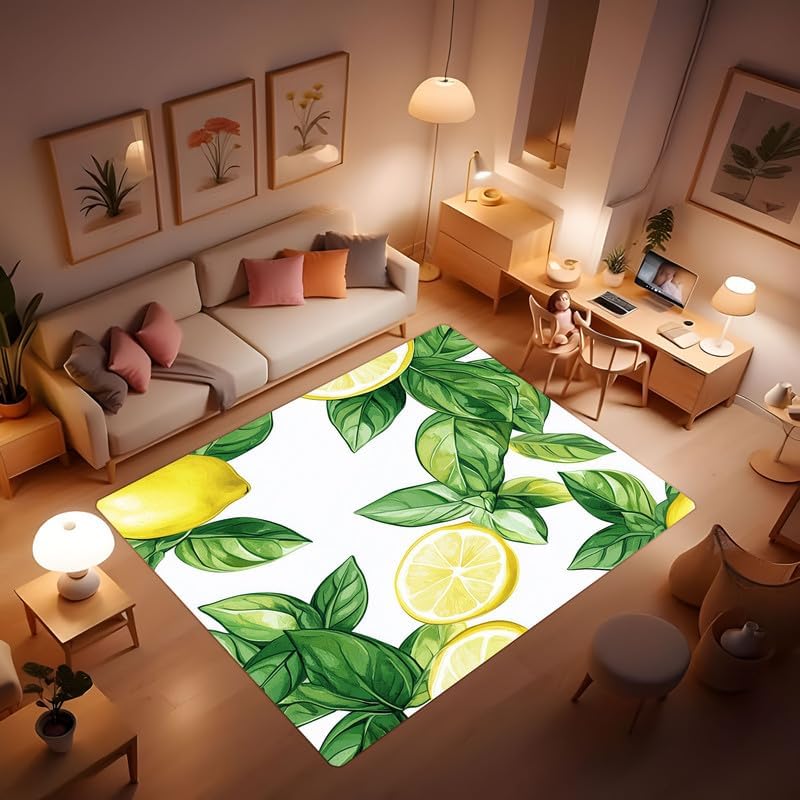 Simple Modern Watercolor Print Lemon Tree Rug, Indoor Comfortable Soft Breathable Rug, Pet Friendly Non-Slip for Kitchen Porch