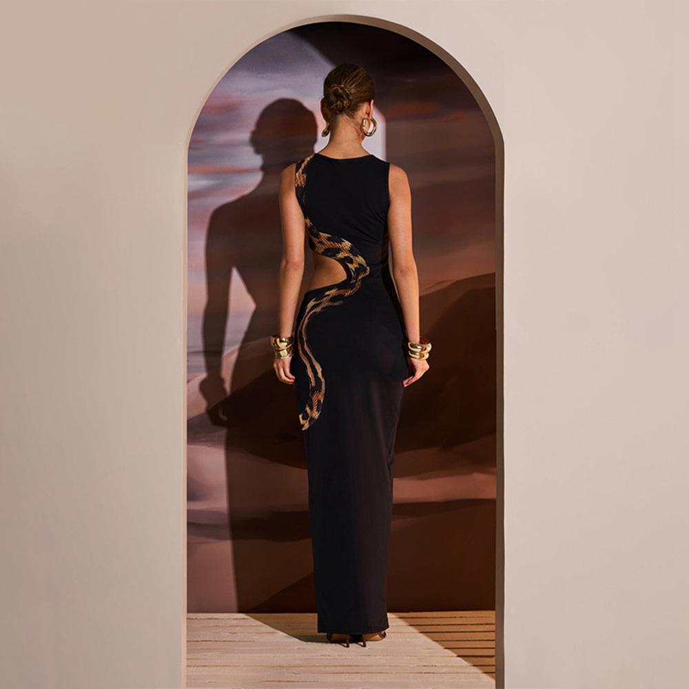 Style Women's Summer New Sleeveless Sexy Slim Long-length Skirt Hollow Dress Gown