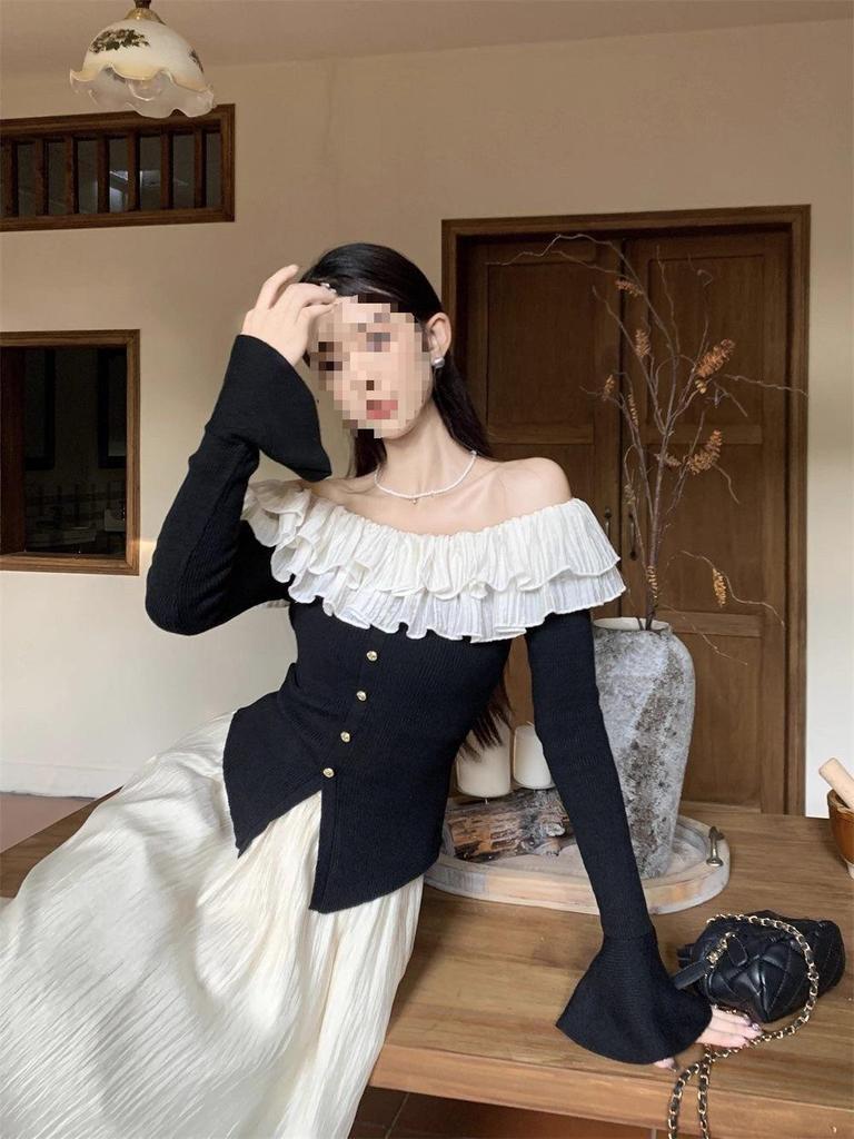 Pure Desire Ruffle Patchwork One-Shoulder Women's Long-Sleeve Waist-Cinched Autumn Top