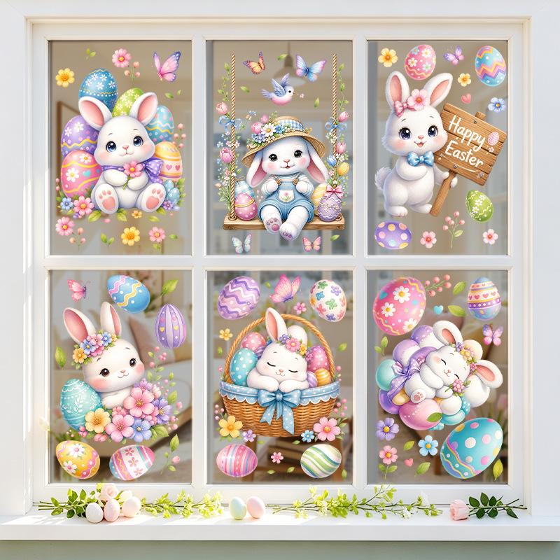 Easter Egg Basket Rabbit Static Window Sticker Self Adhesive Glass Door Showcase Decor