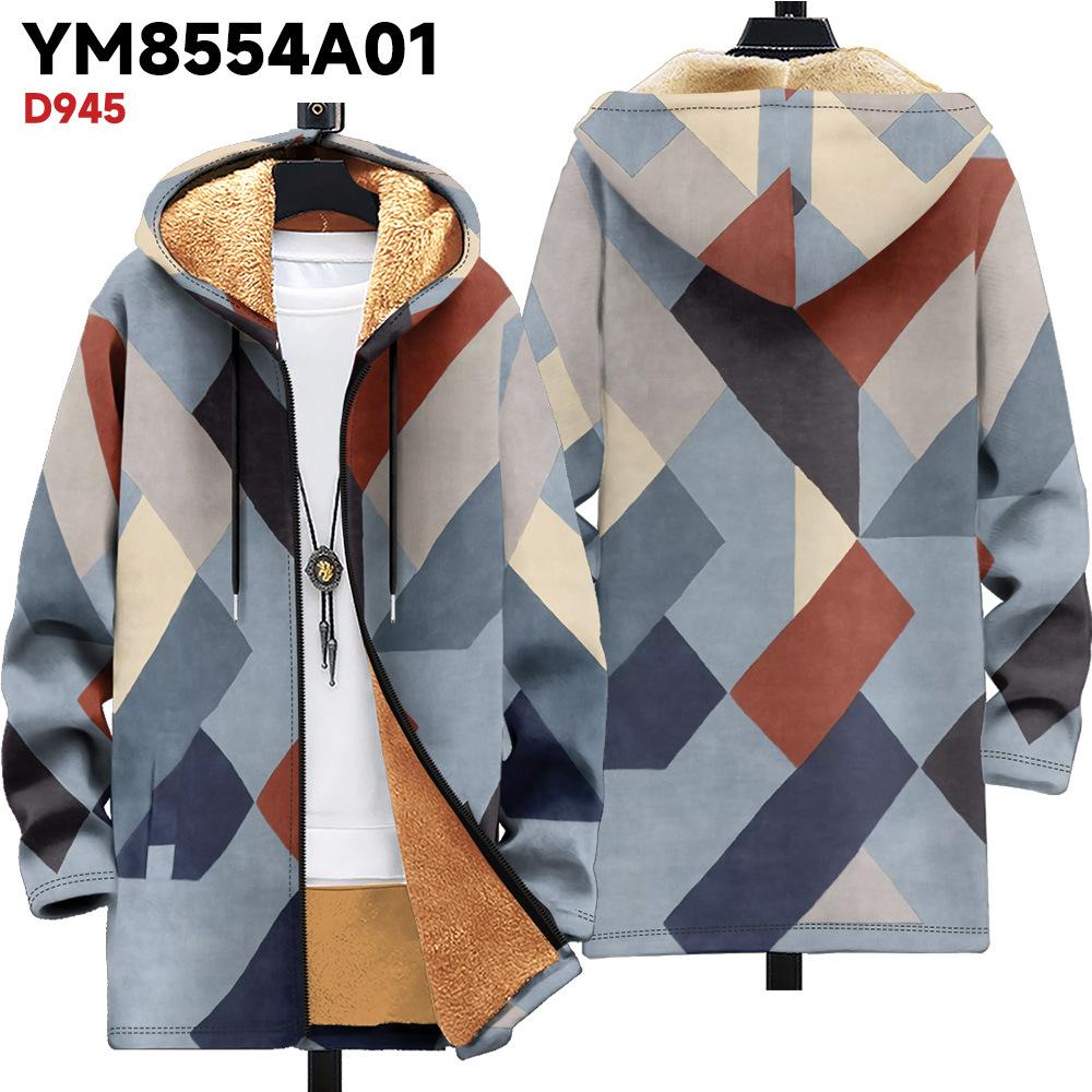 New jacket: multi-colored pattern elements, zipper hooded cardigan, thickened winter fleece padded clothes, yellow lining, trendy cotton clothes