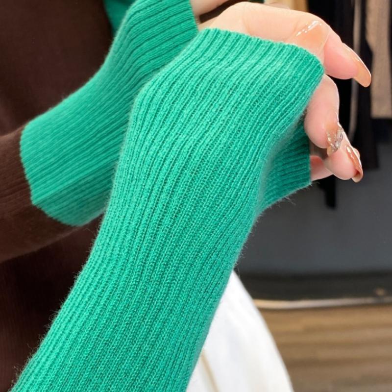 IHUASU Half Open Turtleneck Jumper Women's Autumn and Winter Design Sense of Colour Blocking Wool Knitted Bottoming Shirt