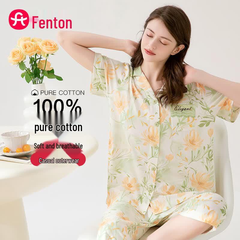 Fenteng Women s Printed Cotton Summer Pajama Set XL