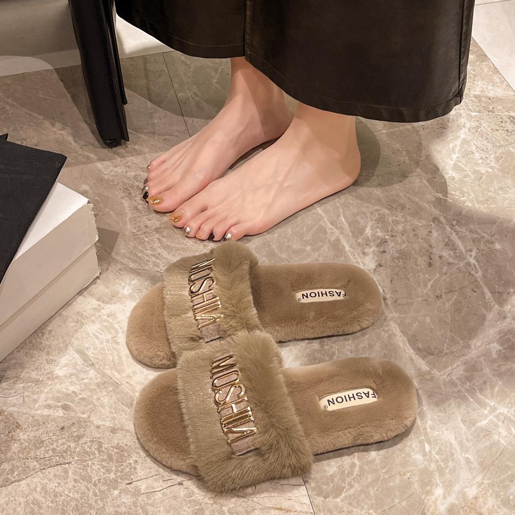 Large Size Women's Shoes 41-43 Fat Feet Oufan Flat-bottomed Fluffy Slippers for Women's Summer Outer Wear High-end Skirt One-word Drag