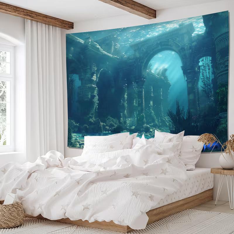 2D Ocean Sunken Temple Wall Hanging, Underwater Ancient City Tapestry for Dorm