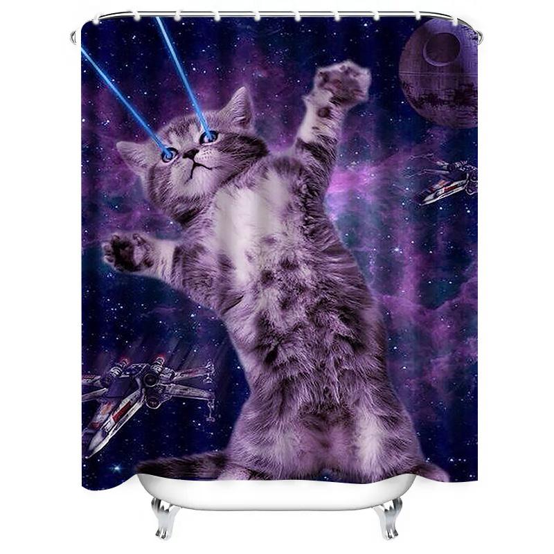 Space Cat With Laser Eyes Waterproof Shower Curtain Heat Resistant Machine Washable Non-Transparent 180X180Cm