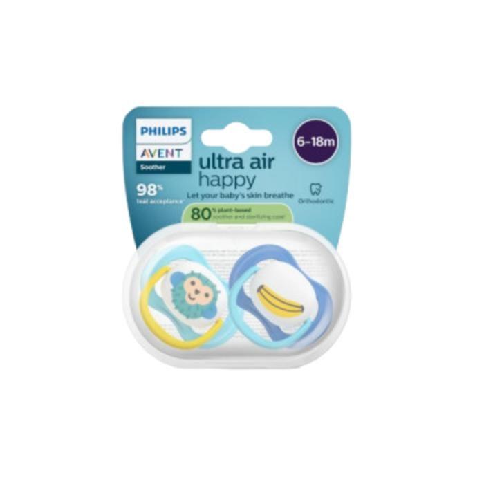 Sucettes-Avent Ultra Air Happy 2 Sucettes Orthodontiques de 6 à 18 Mois (Modèle : Singe et Banane)