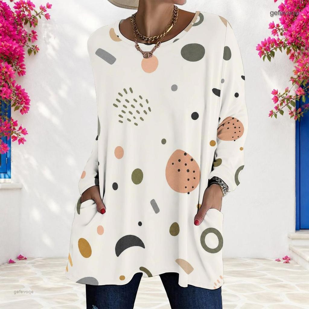 Women Plus Size Round Neck Long Sleeve Pink Purple Plaid Printed Loose Longline T Shirt With Pockets