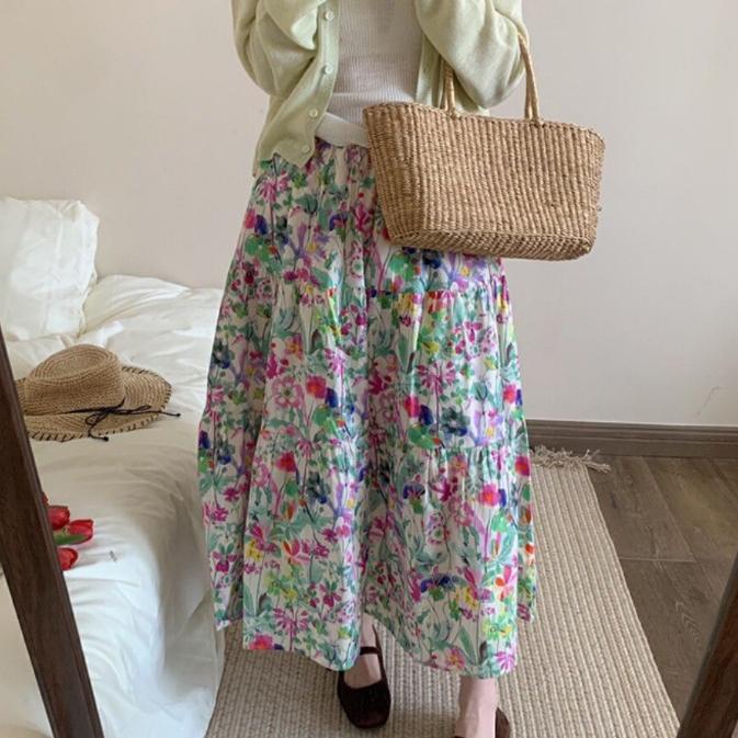 Qooth Retro Damska Spódnica A-line w Kwiaty Szeroki Dół Długość Midi Elastyczna Talia Casualowa Spódnica QT2637