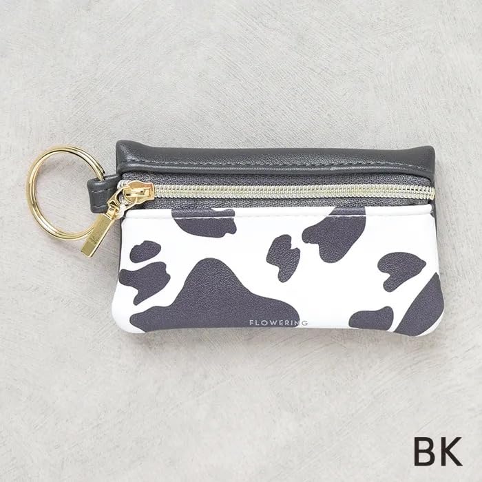Flower Ring Smart Key Pouch with Cow Print and Heart Motif, GKP0024-BK (Black)
