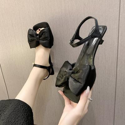 Fashion Women's Sandals Summer 2024 Bow Low Thick Heel Ladies Shoes Fashion Open Toe Solid Color Elegant Dress Heeled Sandales Femmes