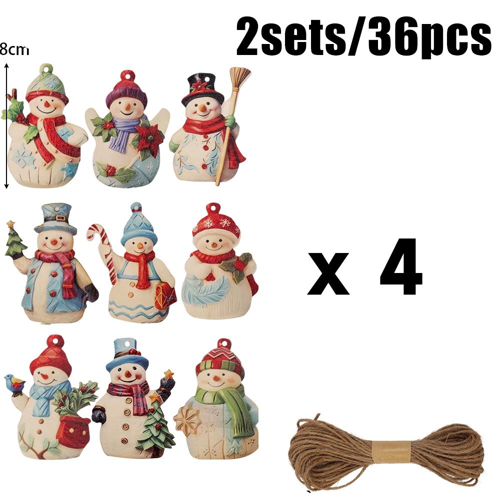36pcs Wooden Cartoon Snowman Pendents Christmas Ornament 8cm Statue With Lanyard Festive Xmas Tree Home Decoration Set Boxwood