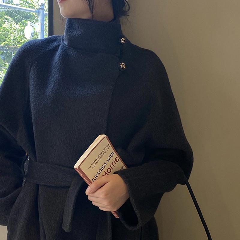 

2025 осень и зима новая корейская версия моды повседневное пальто-стойка с поясом средней длины из шерсти двустороннее шерстяное пальто женское S