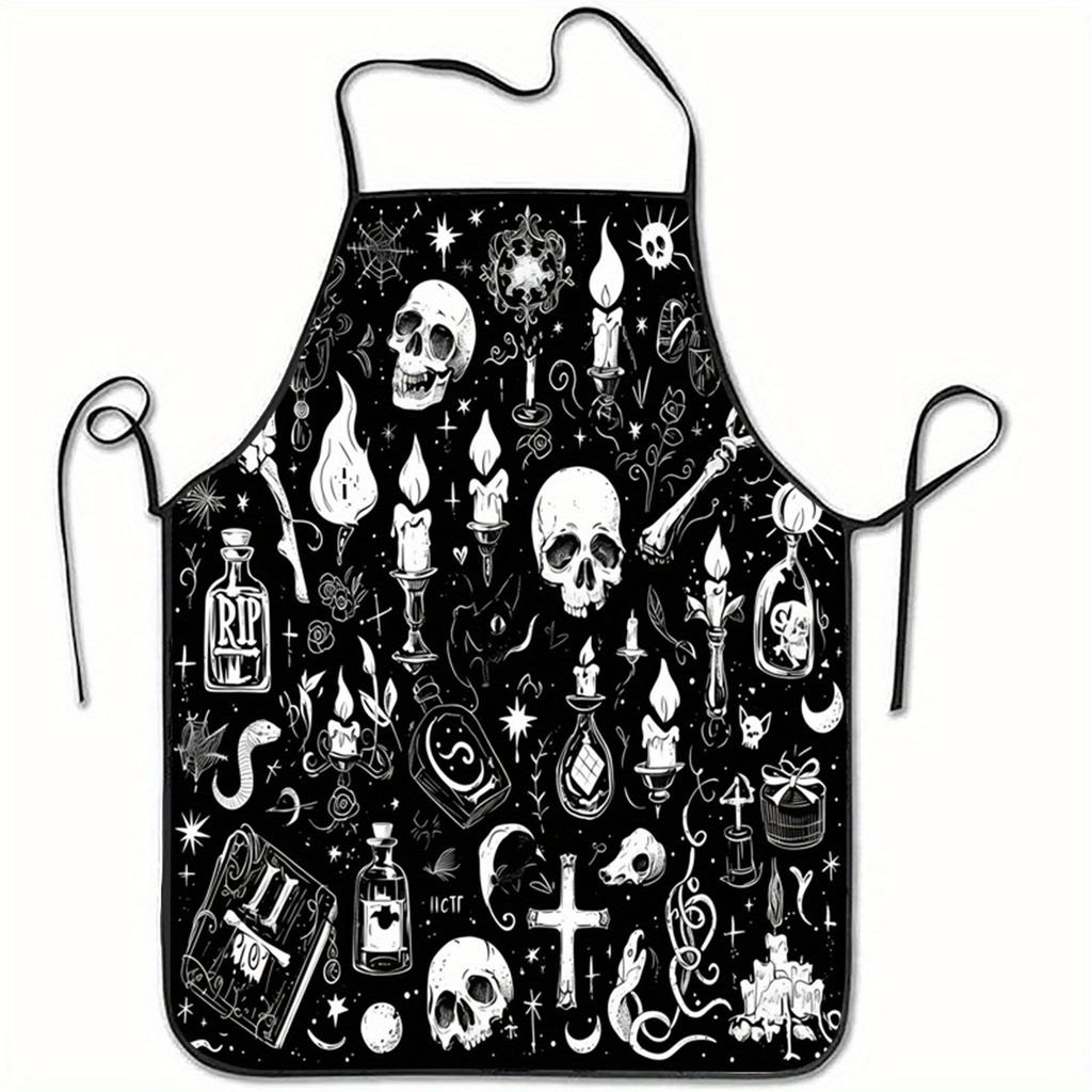 A Gothic Mysterious Symbol Skull Candle Pattern Apron - Durable Polyester Kitchen Baking Apron, Perfect For Halloween Themed Par