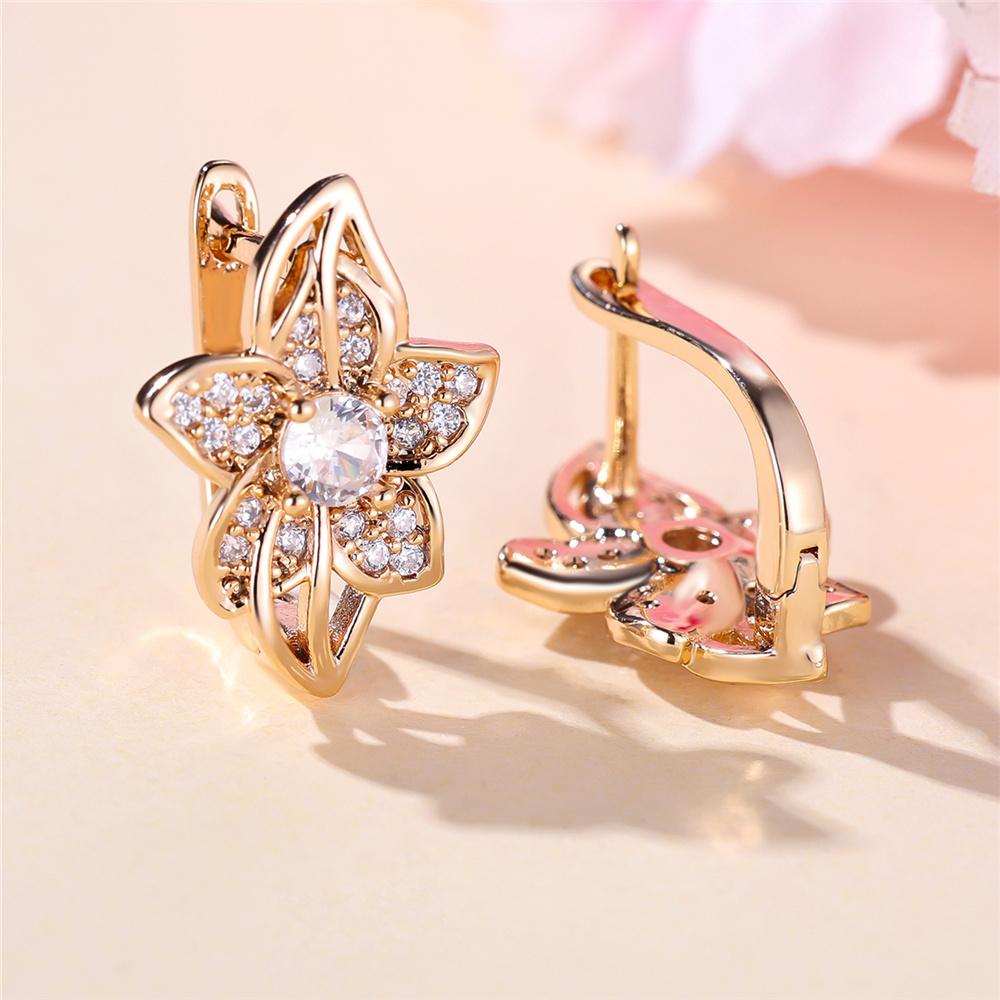 Charm Female White Crystal Zircon Stone Flower Hoop Earrings Gold Color Simple Wedding Jewelry For Women