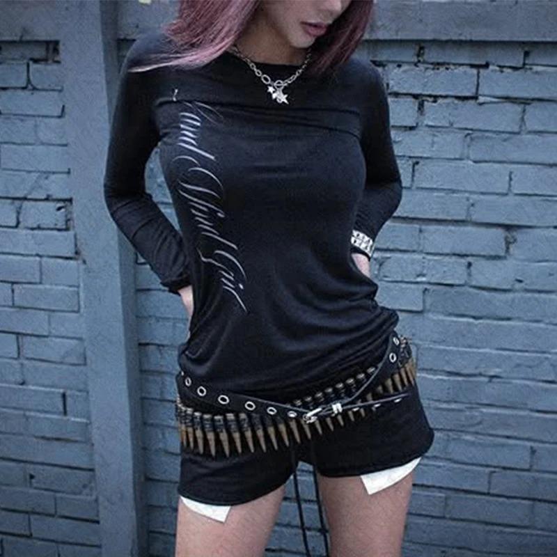 Tricou cu mânecă lungă Gothic Harajuku Vintage Punk Emo pentru fete, sexy, slim, șic, cu imprimeu, crop topuri, estetică grunge Y2K, streetwear pentru femei