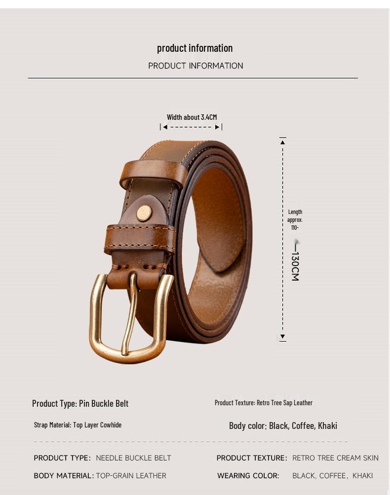 Men's Genuine Leather Retro Belt - Top Layer Cowhide, Vegetable-Tanned, Pin Buckle, Versatile for Middle-aged and Young.