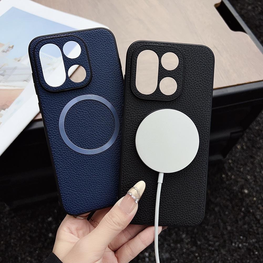 With Magsafe Magnetic Plain Leather Lychee Case For One Plus 15 13s 13T 13R 13 Ace 5 OnePlus Nord 5 4 CE 5 Camera protect Cover