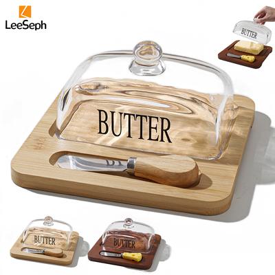 Leeseph Porta Manteiga de Bambu com Tampa de Vidro e Cortador, Prato de Armazenamento de Manteiga Reutilizável, Recipiente para Manteiga, Utensílio de Cozinha