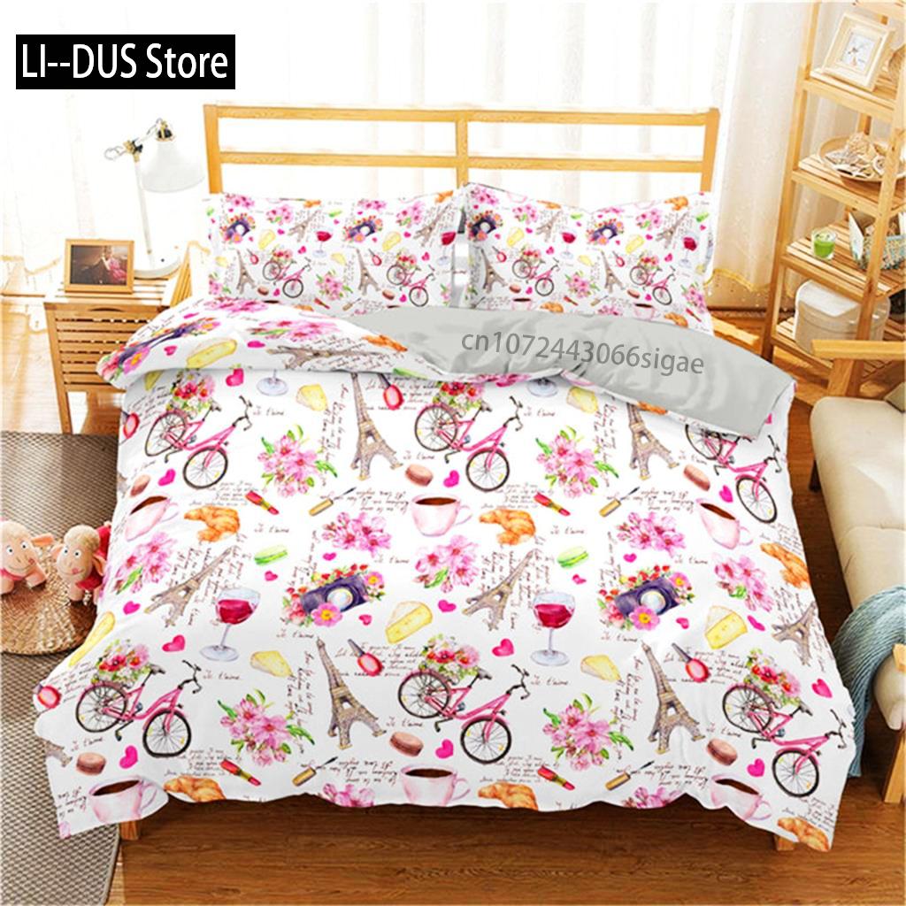 Duvet Cover Eiffel Tower Romantic Couple Flower King Comforter Cover Microfiber France Paris Cityscape Bedding Set For Teen