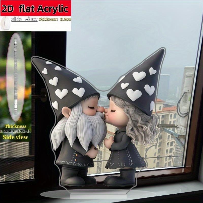 2D Flat Cute Couple Gnome Acrylic Desktop Decoration, Kissing Gnomes with Heart Hats, Suitable for wall Decoration, porch, Room, Villa, accents Home,