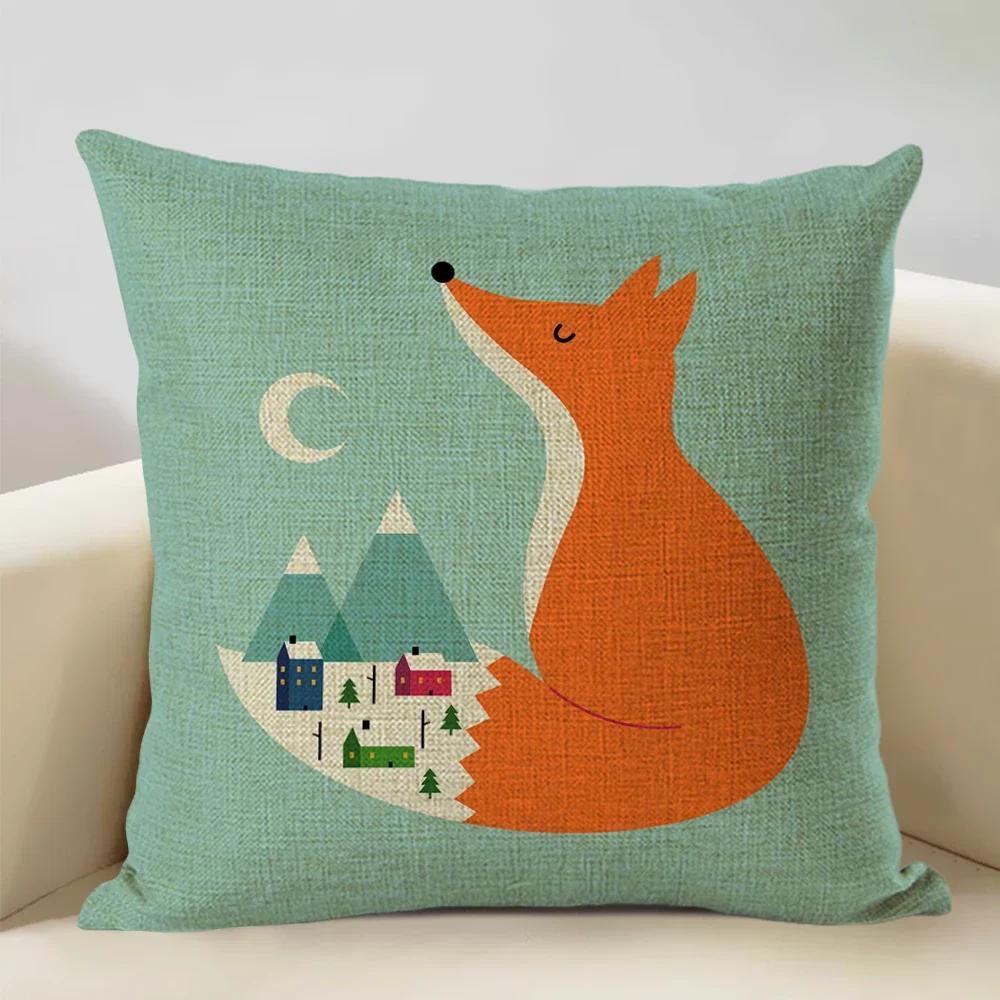 Animal Cushion Cover Linen Pillowcase Decorative Sofa Pillow Cover Home Decor Hedgehog Fox Bear Pillow Cases CM