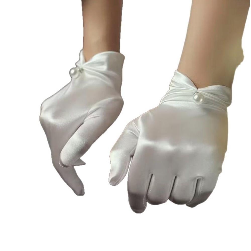 Pearl Decorative White Satin Bridal Gloves Wrist Length Women Silk Gloves Ladies