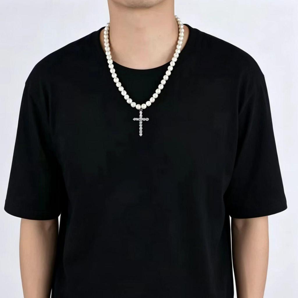 Cross Pendant Necklace with Faux Pearls - Hip Hop High Street Style, Simple and Versatile Men's Fashion Accessory