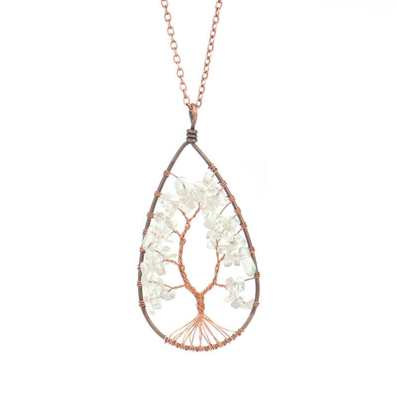 Ancient Red Copper Winding Natural Stone Crystal Water Drop Shaped Tree Of Life Necklace Colorful Stone Pendant N29
