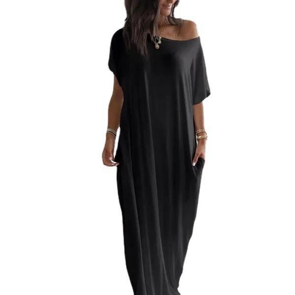 Milk Silk Casual Long Dress With Short Sleeves And Oneshoulder Neck For Summer Wear