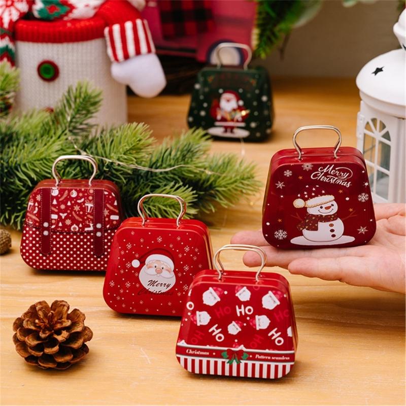 2Pcs Portable Christmas Iron Candy Container Christmas Cheer Candy Holders Snacks Case with Colorful Seasonal Pattern