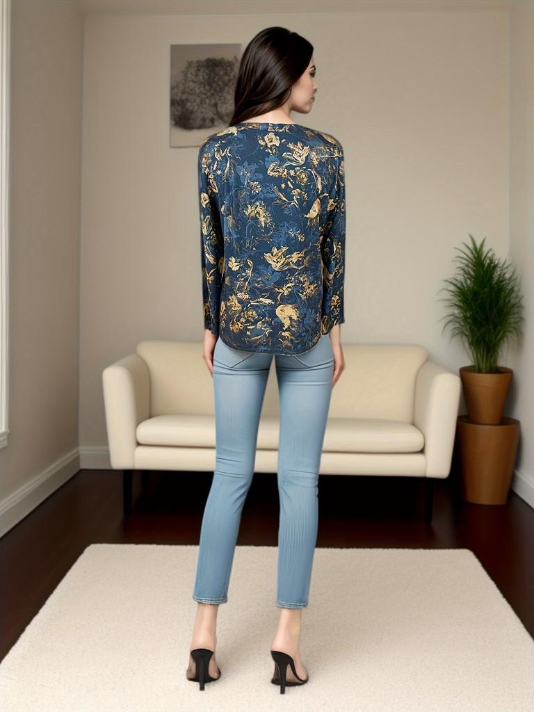 Women's Retro Floral Print T-Shirt, Casual Round-Neck Long Sleeve Top, Color-Block Design, Regular Length, Suitable for Spring and Autumn Seasons