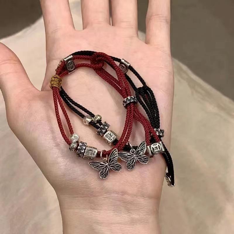 Misty Red Sky Retro Red String Butterfly Woven Bracelet - Women s High-End National Style Hand Rope