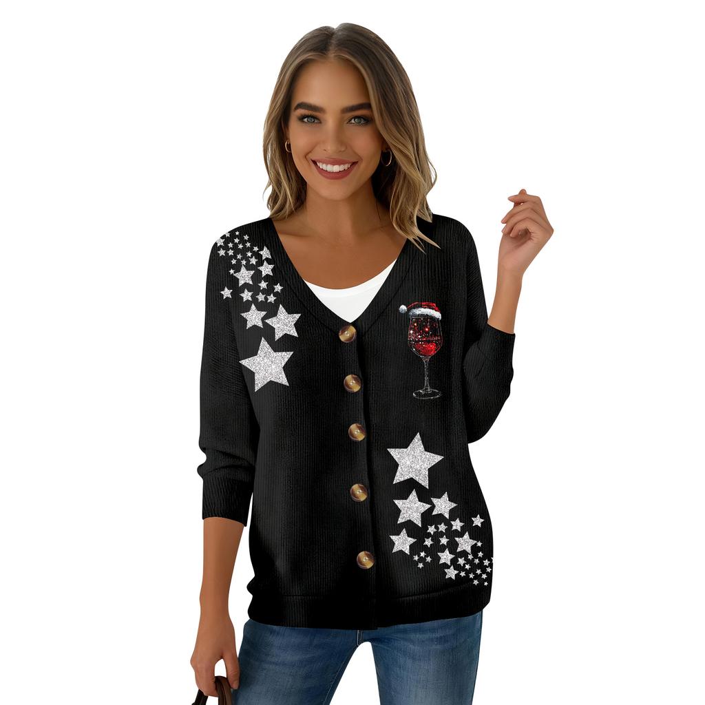Women's Fashion Long Sleeve Christmas Snowman Snowflake Print Jacket Cardigan