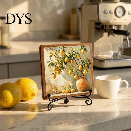 Vintage Lemon Oil Painting Decor Wooden Tabletop Sign, Pastoral Farmhouse Decorative Plaque with Handcrafted Art Iron Stand, Rustic Desktop