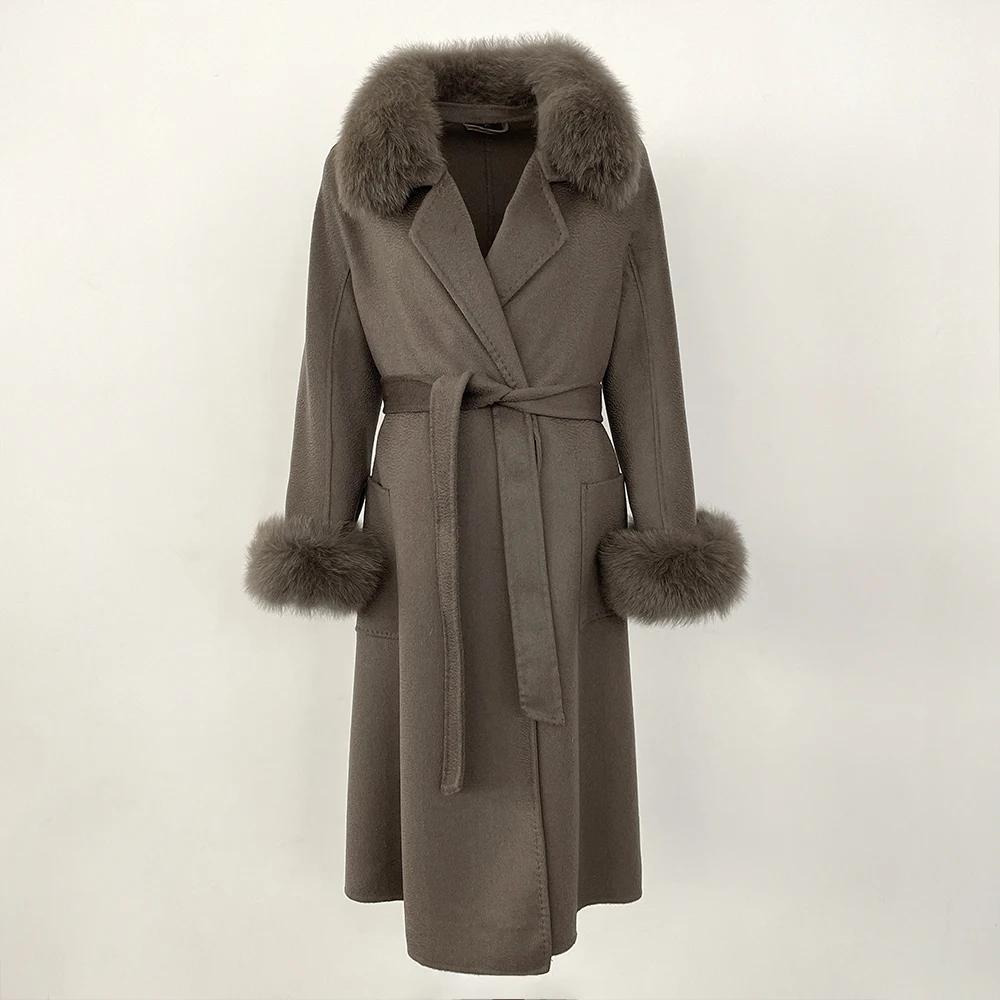 Woman Trend 2024 Autumn Winter 100% Double-sided Wool Coat Ladies Real Fox Fur Collar Detachable Long Coat