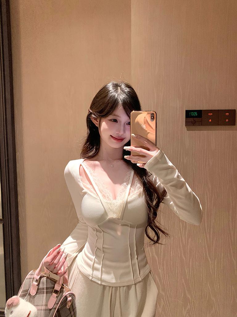 Pure Lust Sexy Lace Splicing T-shirt with Chest Pad Women's Autumn and Winter Chic Age-reducing and Thin Chic Inner Top